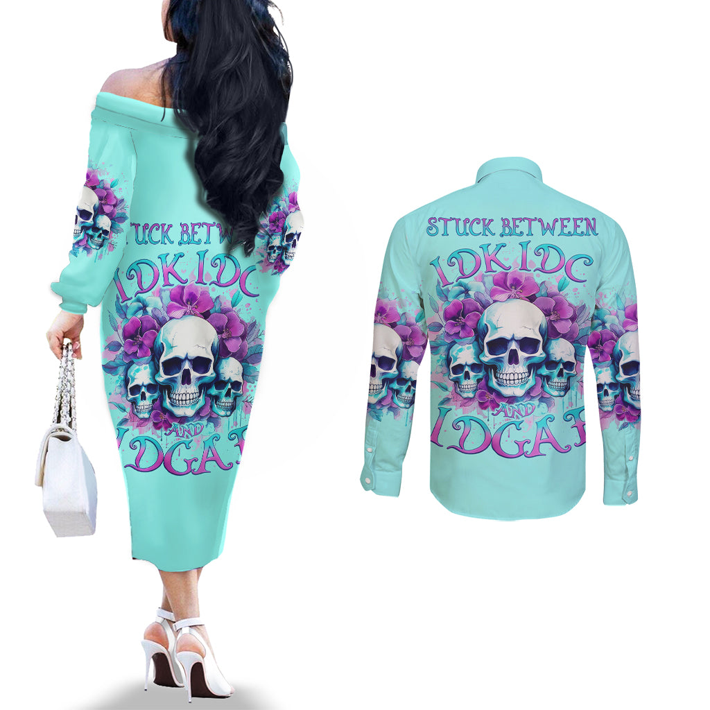 Flower Skull Angel Couples Matching Off The Shoulder Long Sleeve Dress and Long Sleeve Button Shirt Stuck Between IDK IDC and IDGAF