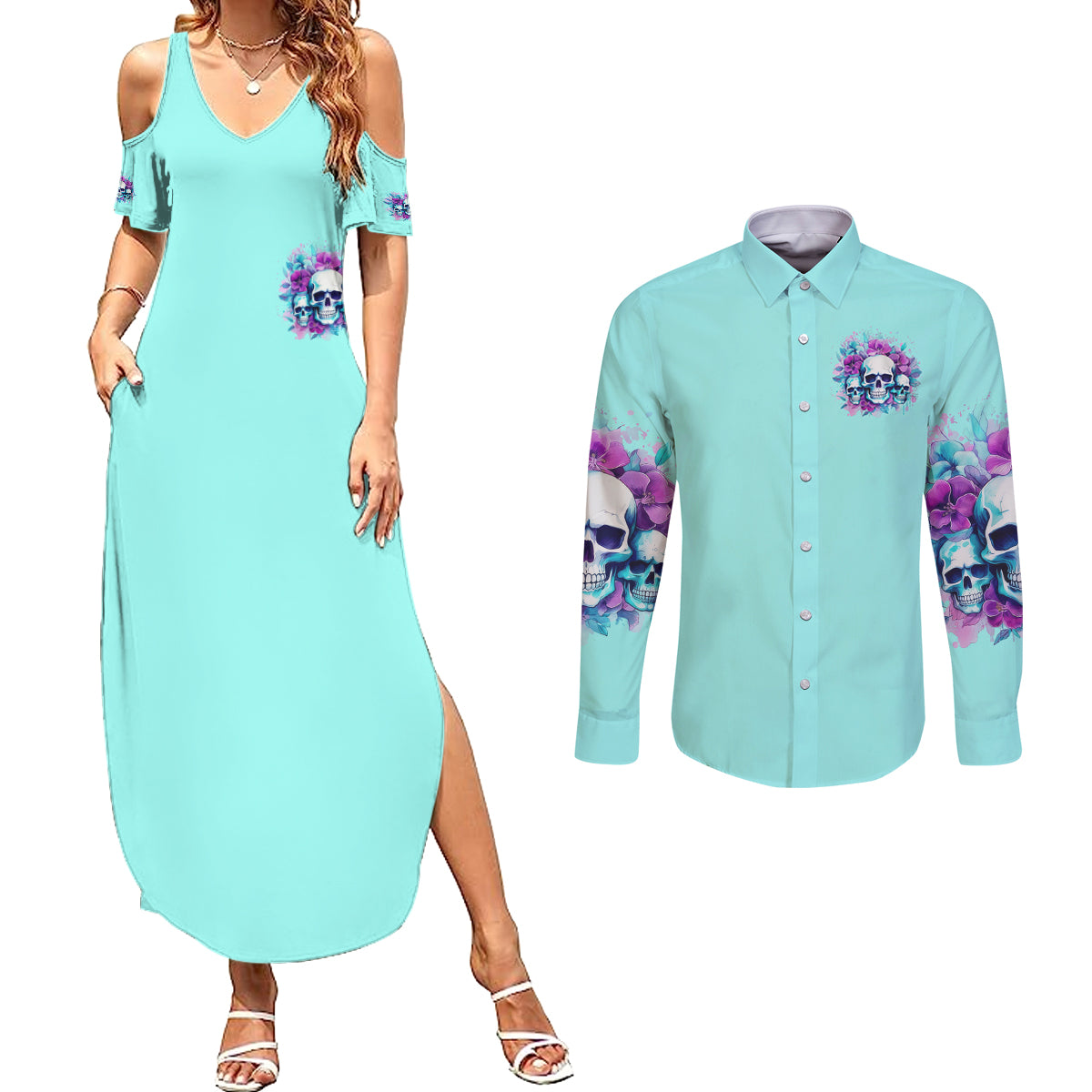 Flower Skull Angel Couples Matching Summer Maxi Dress and Long Sleeve Button Shirt Stuck Between IDK IDC and IDGAF