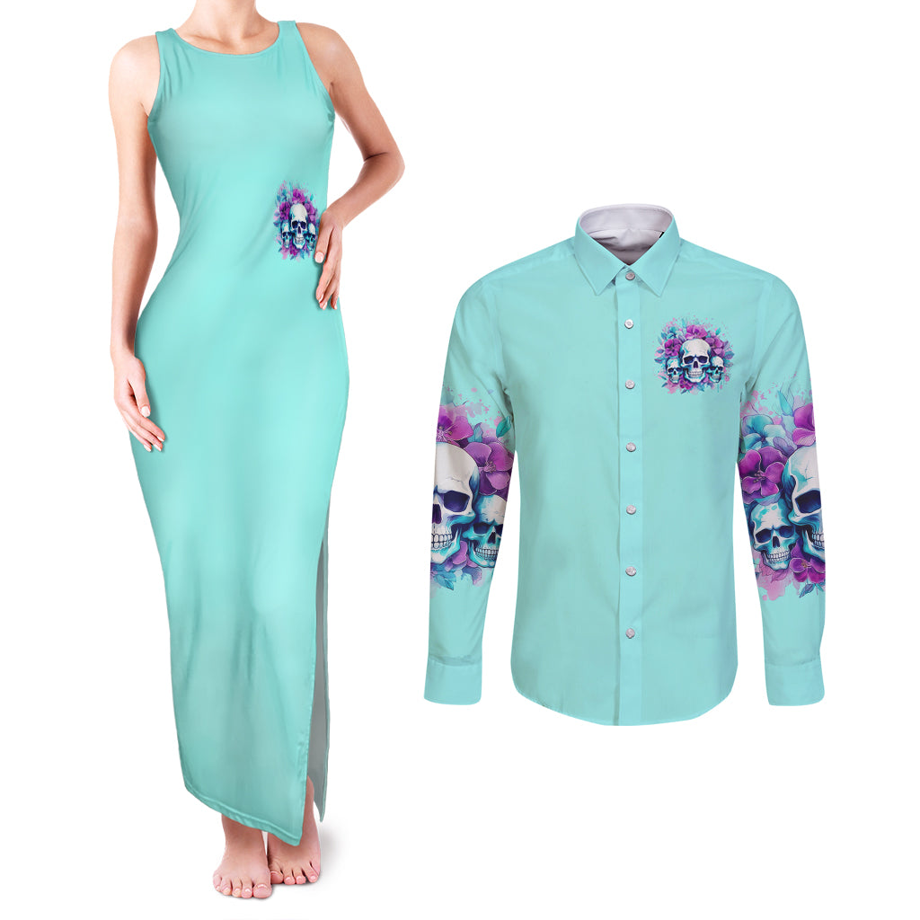 Flower Skull Angel Couples Matching Tank Maxi Dress and Long Sleeve Button Shirt Stuck Between IDK IDC and IDGAF