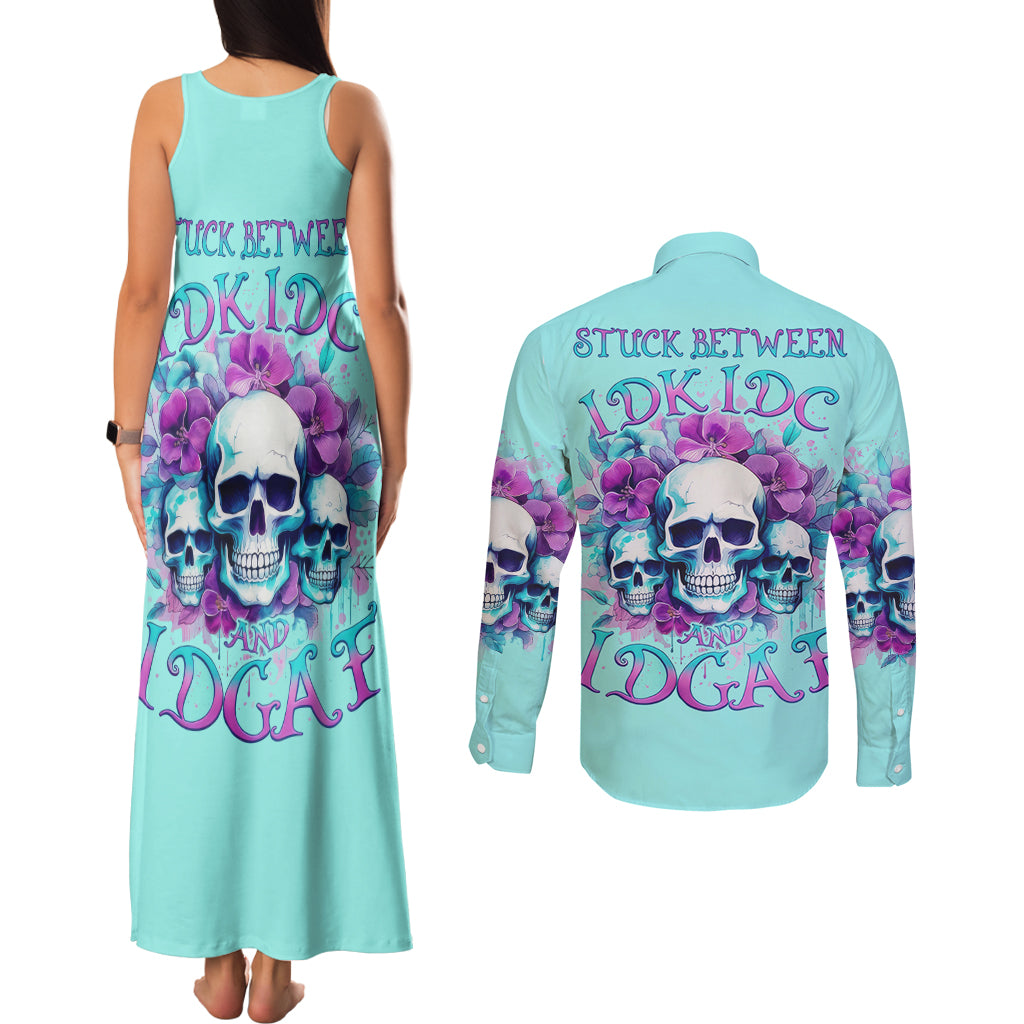 Flower Skull Angel Couples Matching Tank Maxi Dress and Long Sleeve Button Shirt Stuck Between IDK IDC and IDGAF