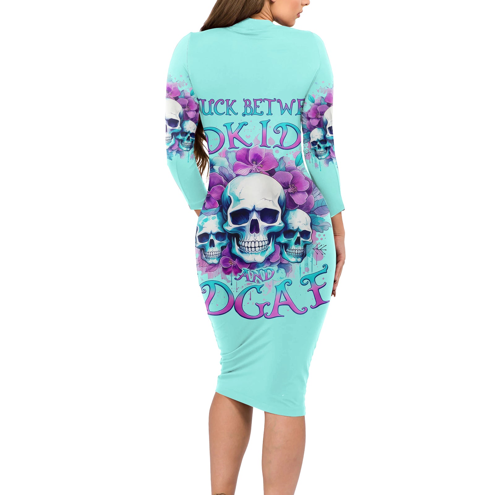 Flower Skull Angel Long Sleeve Bodycon Dress Stuck Between IDK IDC and IDGAF