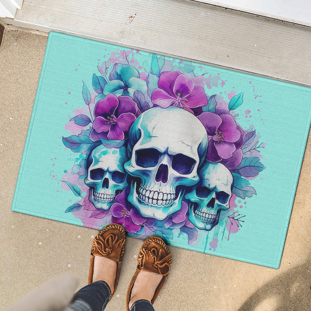 Flower Skull Angel Rubber Doormat Stuck Between IDK IDC and IDGAF