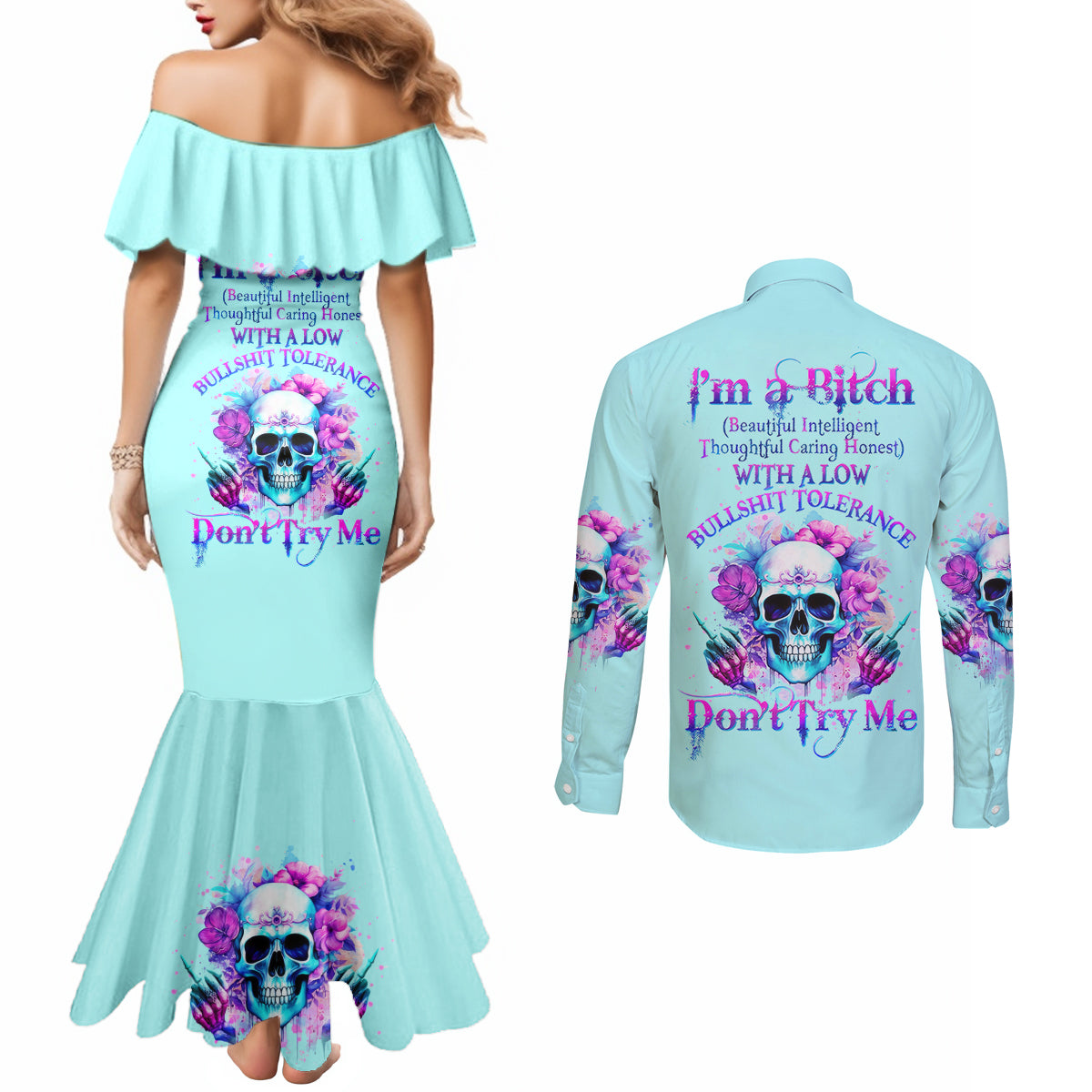 Flower Skull Angel Couples Matching Mermaid Dress and Long Sleeve Button Shirt I'm A Bitch With A Flow Bullshit Tolerance