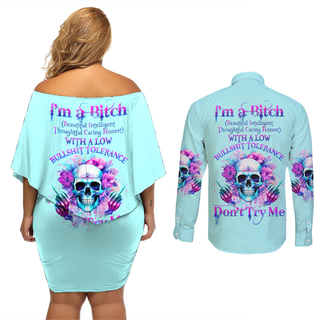 Flower Skull Angel Couples Matching Off Shoulder Short Dress and Long Sleeve Button Shirt I'm A Bitch With A Flow Bullshit Tolerance