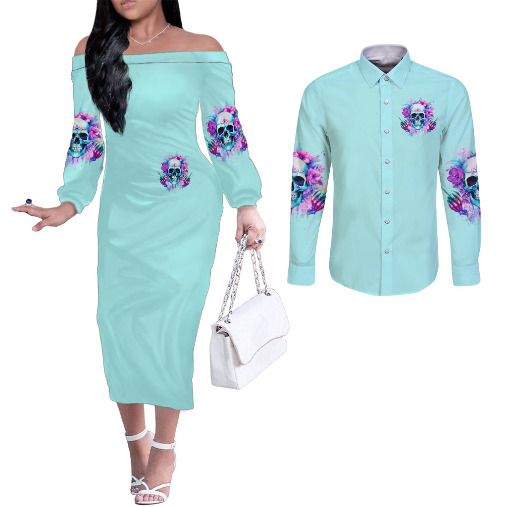 Flower Skull Angel Couples Matching Off The Shoulder Long Sleeve Dress and Long Sleeve Button Shirt I'm A Bitch With A Flow Bullshit Tolerance