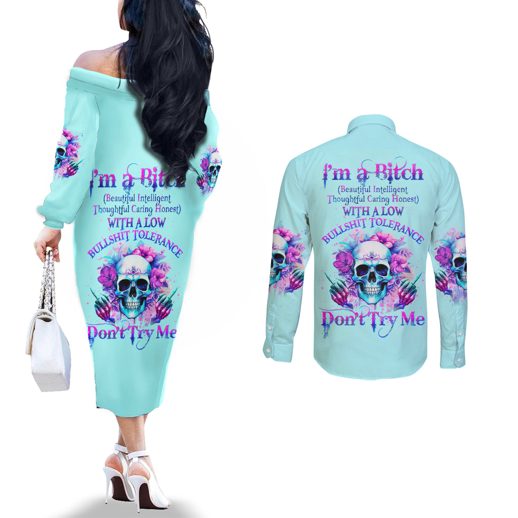 Flower Skull Angel Couples Matching Off The Shoulder Long Sleeve Dress and Long Sleeve Button Shirt I'm A Bitch With A Flow Bullshit Tolerance