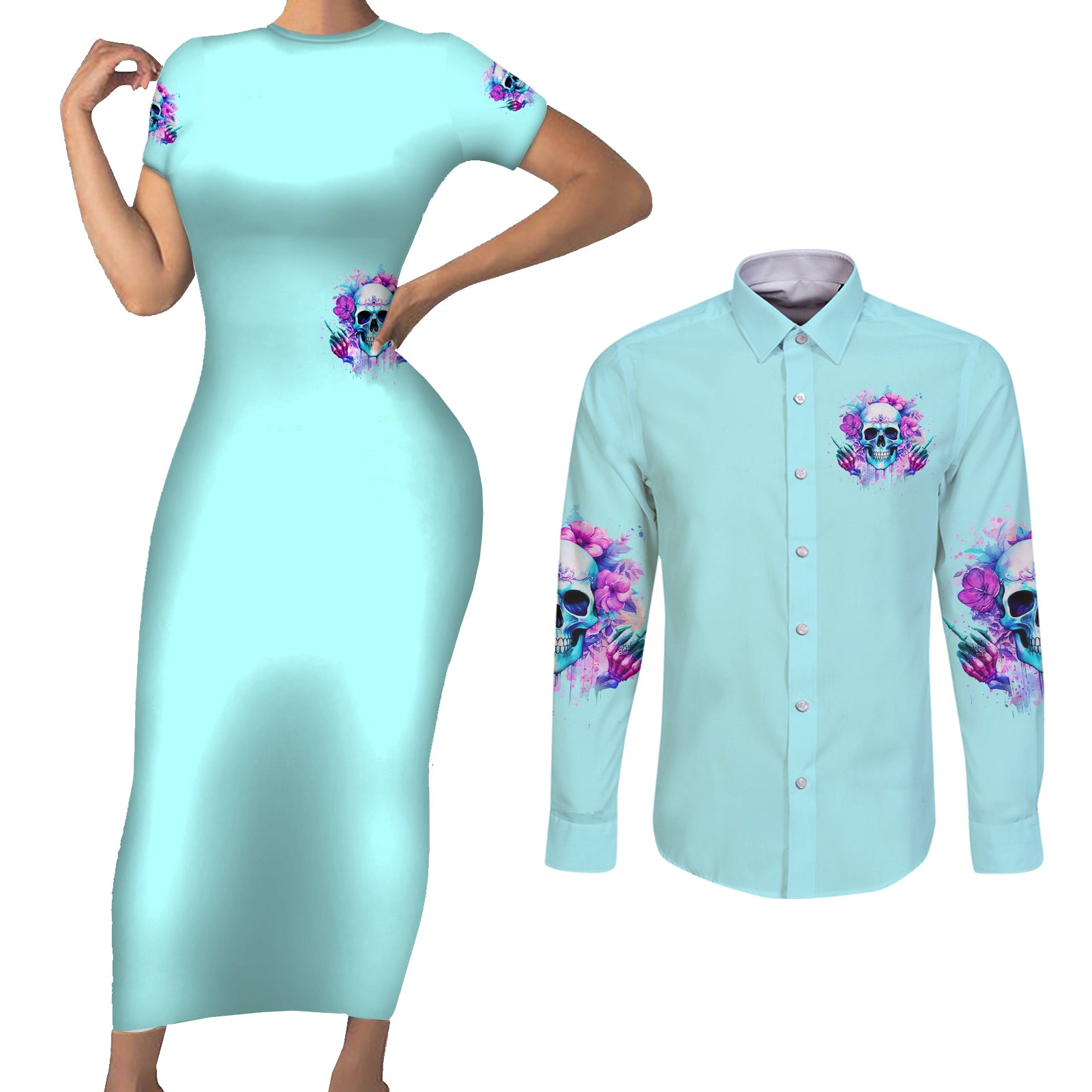Flower Skull Angel Couples Matching Short Sleeve Bodycon Dress and Long Sleeve Button Shirt I'm A Bitch With A Flow Bullshit Tolerance