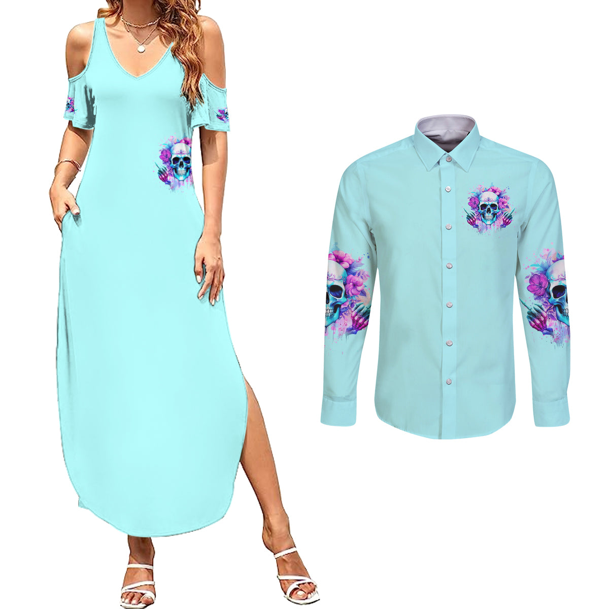 Flower Skull Angel Couples Matching Summer Maxi Dress and Long Sleeve Button Shirt I'm A Bitch With A Flow Bullshit Tolerance