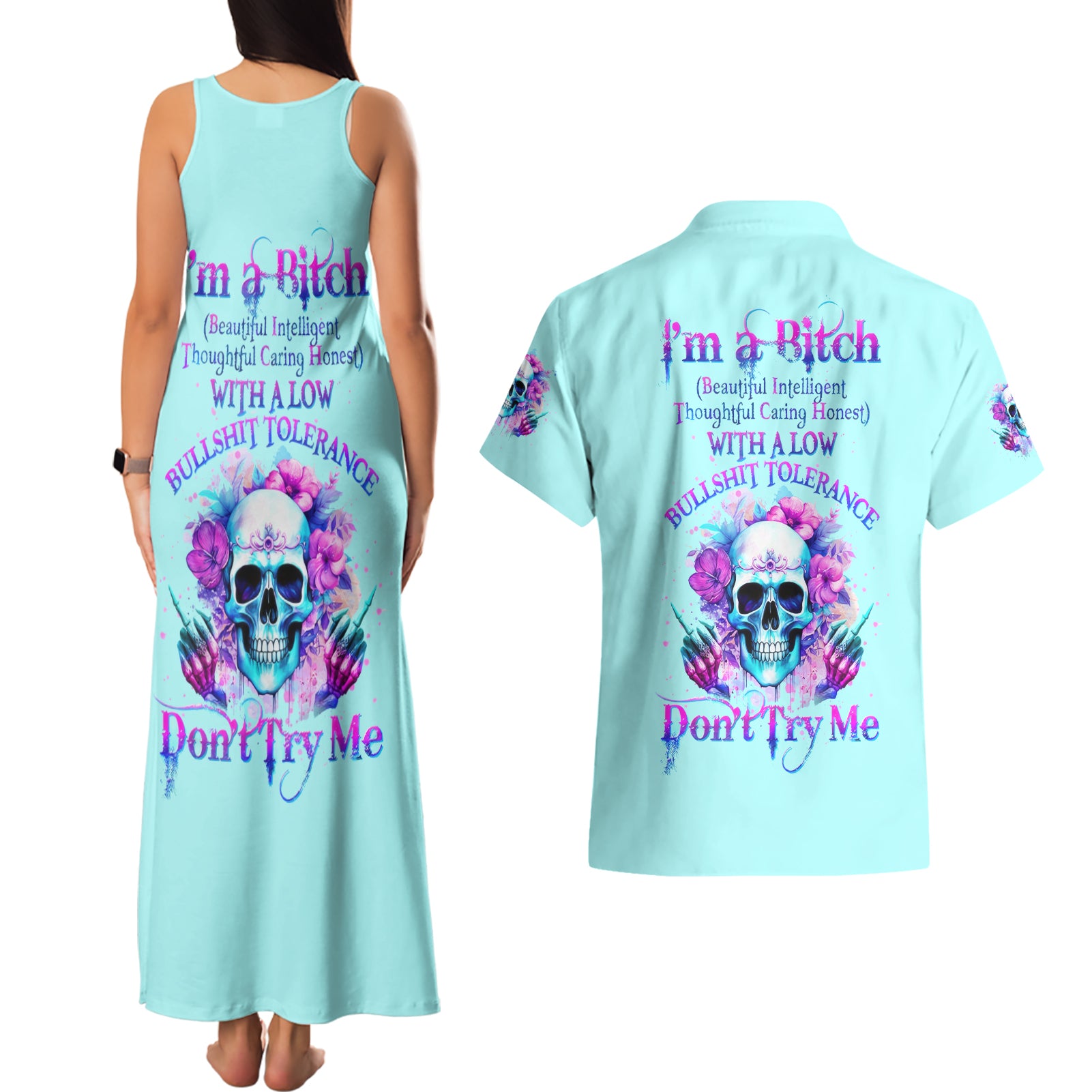 Flower Skull Angel Couples Matching Tank Maxi Dress and Hawaiian Shirt I'm A Bitch With A Flow Bullshit Tolerance