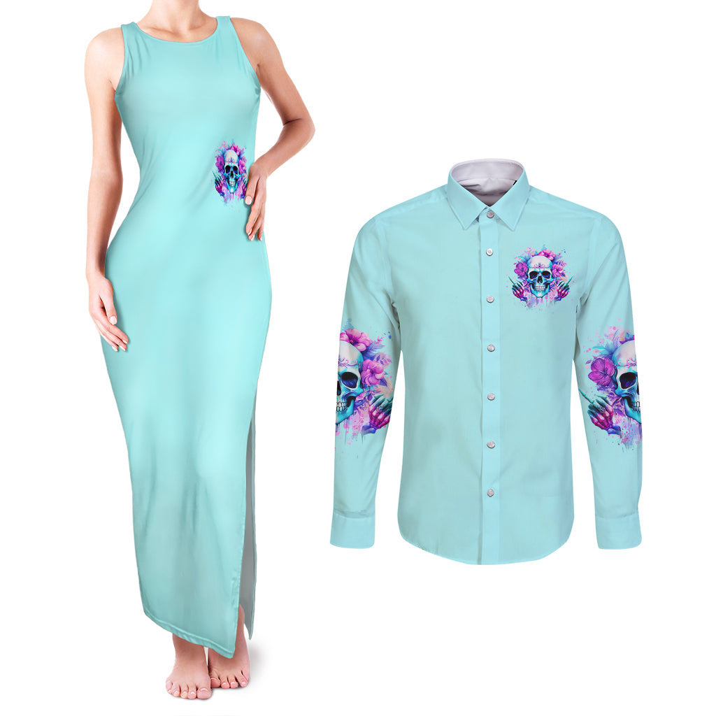 Flower Skull Angel Couples Matching Tank Maxi Dress and Long Sleeve Button Shirt I'm A Bitch With A Flow Bullshit Tolerance