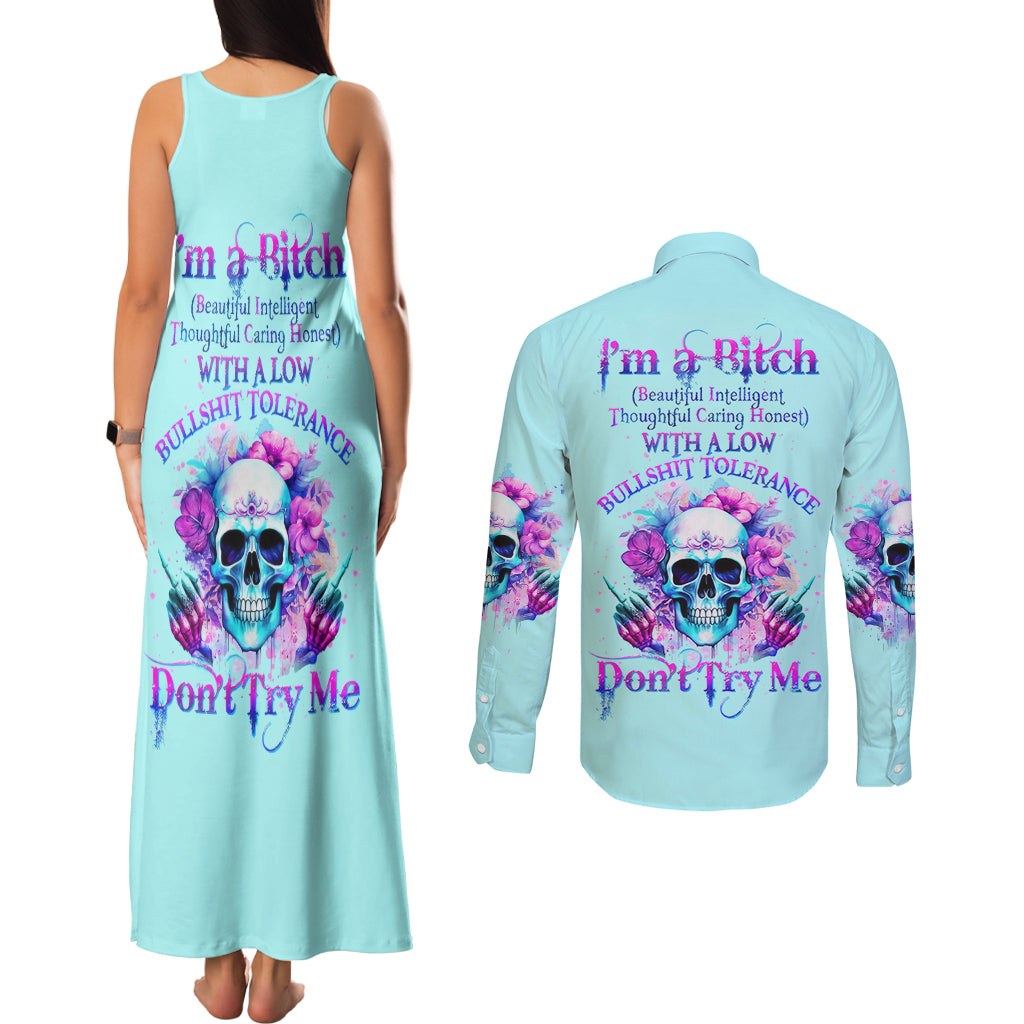 Flower Skull Angel Couples Matching Tank Maxi Dress and Long Sleeve Button Shirt I'm A Bitch With A Flow Bullshit Tolerance