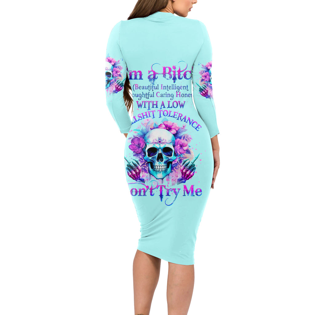 Flower Skull Angel Long Sleeve Bodycon Dress I'm A Bitch With A Flow Bullshit Tolerance
