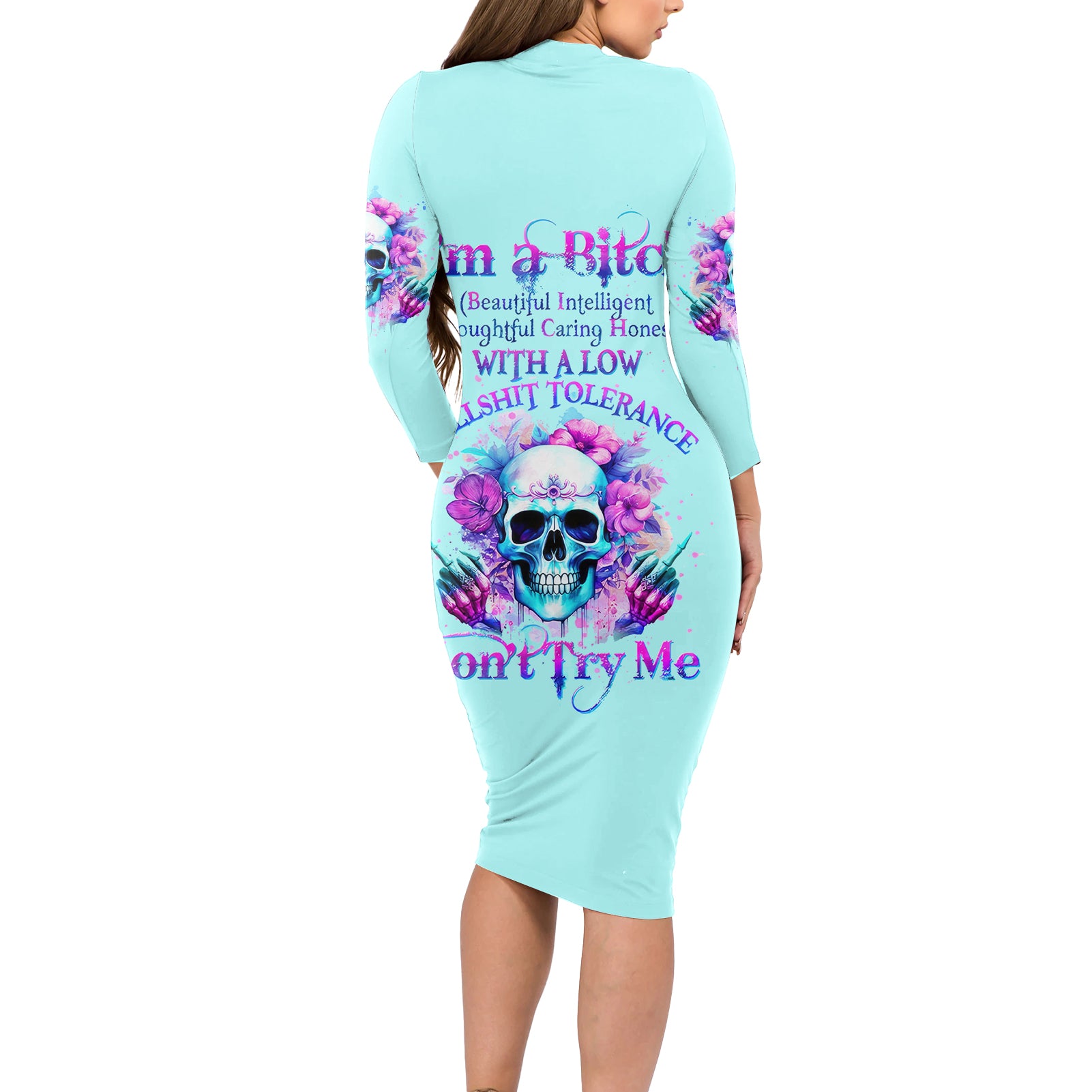 Flower Skull Angel Long Sleeve Bodycon Dress I'm A Bitch With A Flow Bullshit Tolerance