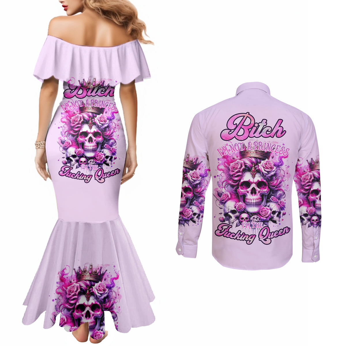 Rose Skull Couples Matching Mermaid Dress and Long Sleeve Button Shirt Bitch I'm The Fucking Queen