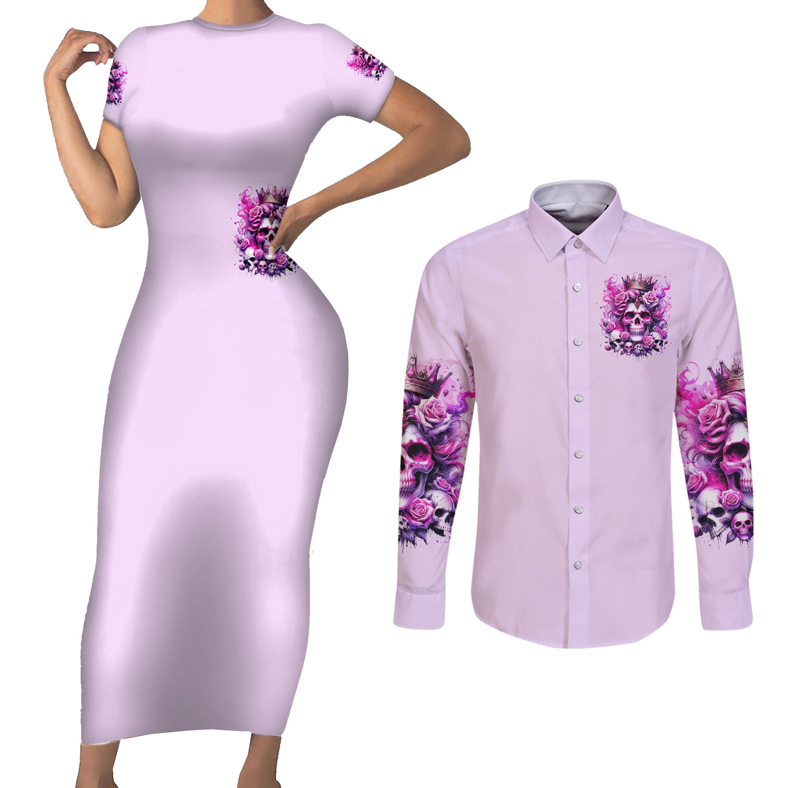 Rose Skull Couples Matching Short Sleeve Bodycon Dress and Long Sleeve Button Shirt Bitch I'm The Fucking Queen