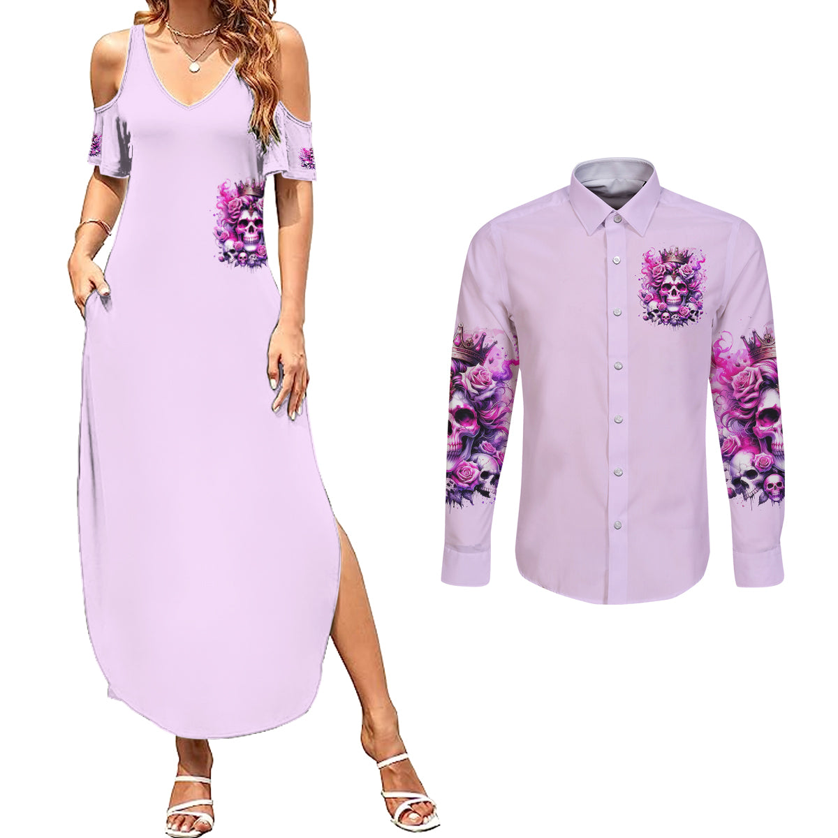 Rose Skull Couples Matching Summer Maxi Dress and Long Sleeve Button Shirt Bitch I'm The Fucking Queen