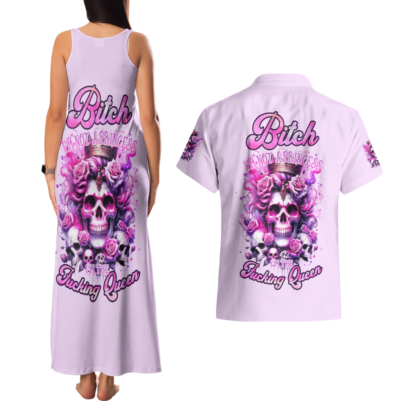 Rose Skull Couples Matching Tank Maxi Dress and Hawaiian Shirt Bitch I'm The Fucking Queen