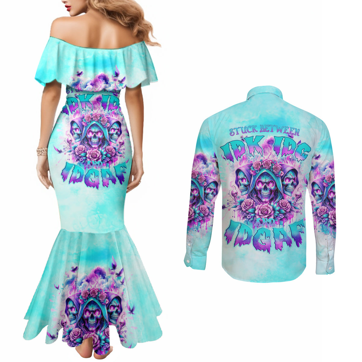 Flower Skull Angel Couples Matching Mermaid Dress and Long Sleeve Button Shirt Stuck Between IDK IDC and IDGAF
