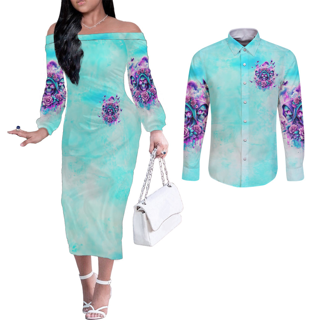 Flower Skull Angel Couples Matching Off The Shoulder Long Sleeve Dress and Long Sleeve Button Shirt Stuck Between IDK IDC and IDGAF