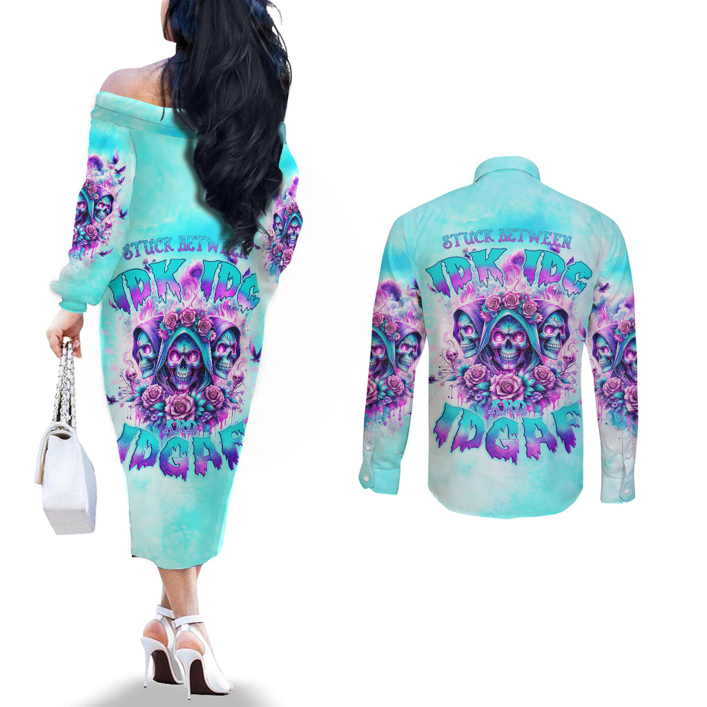 Flower Skull Angel Couples Matching Off The Shoulder Long Sleeve Dress and Long Sleeve Button Shirt Stuck Between IDK IDC and IDGAF