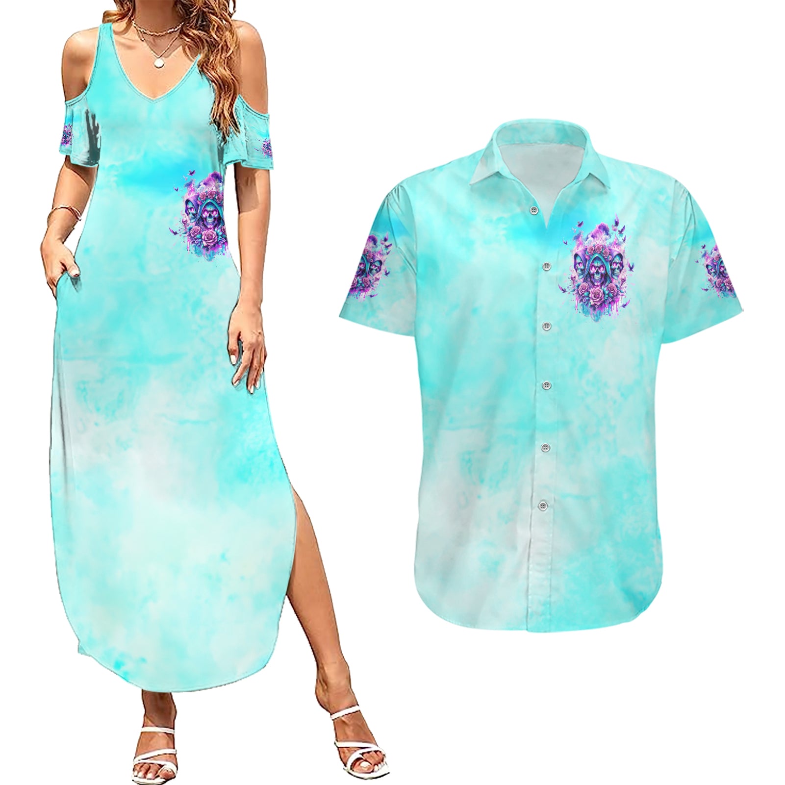 Flower Skull Angel Couples Matching Summer Maxi Dress and Hawaiian Shirt Stuck Between IDK IDC and IDGAF