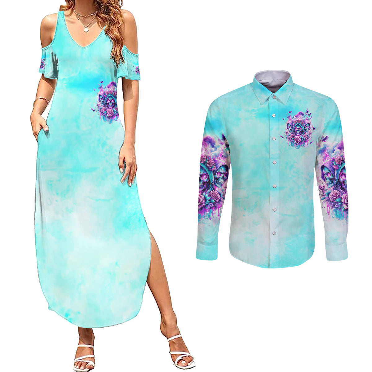 Flower Skull Angel Couples Matching Summer Maxi Dress and Long Sleeve Button Shirt Stuck Between IDK IDC and IDGAF