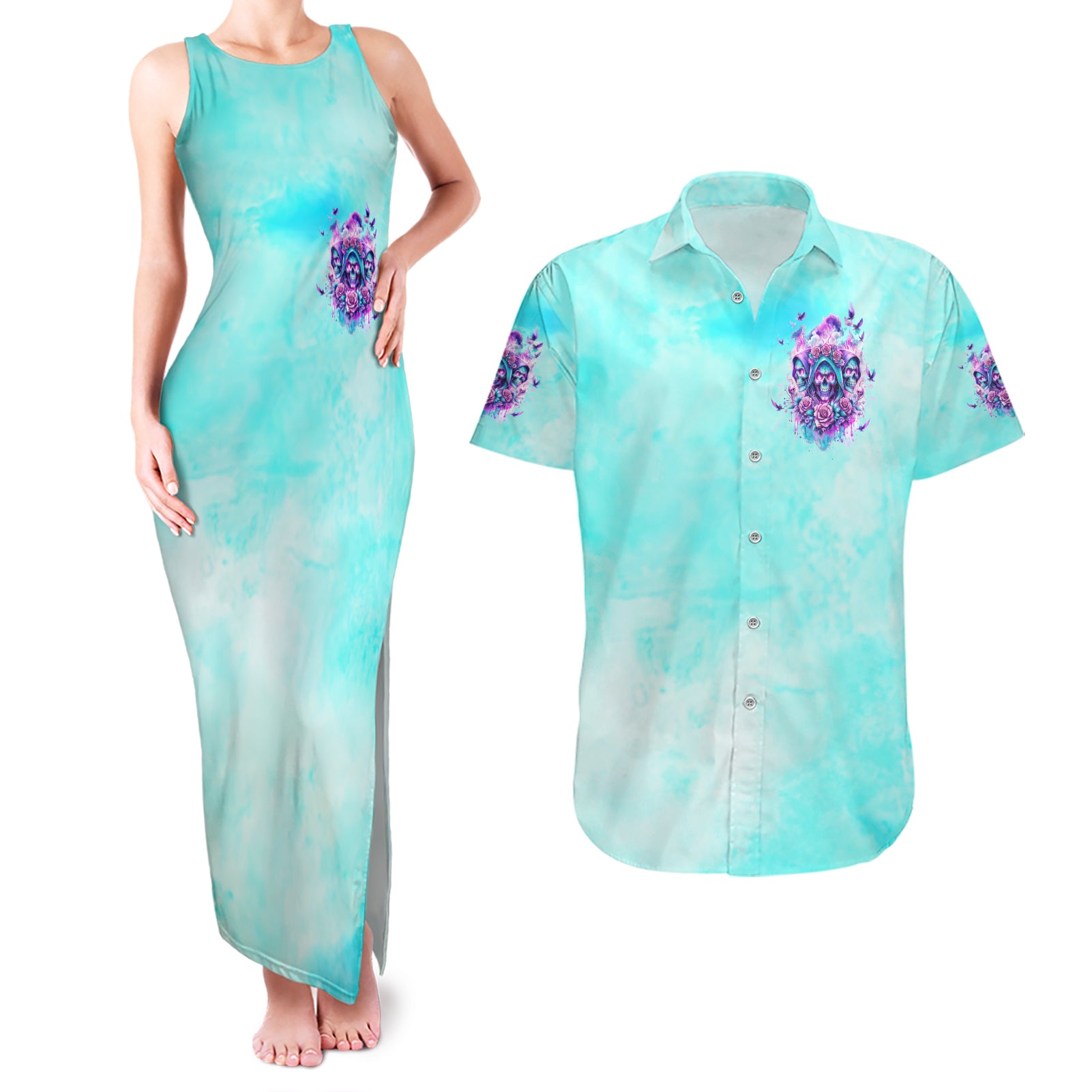 Flower Skull Angel Couples Matching Tank Maxi Dress and Hawaiian Shirt Stuck Between IDK IDC and IDGAF