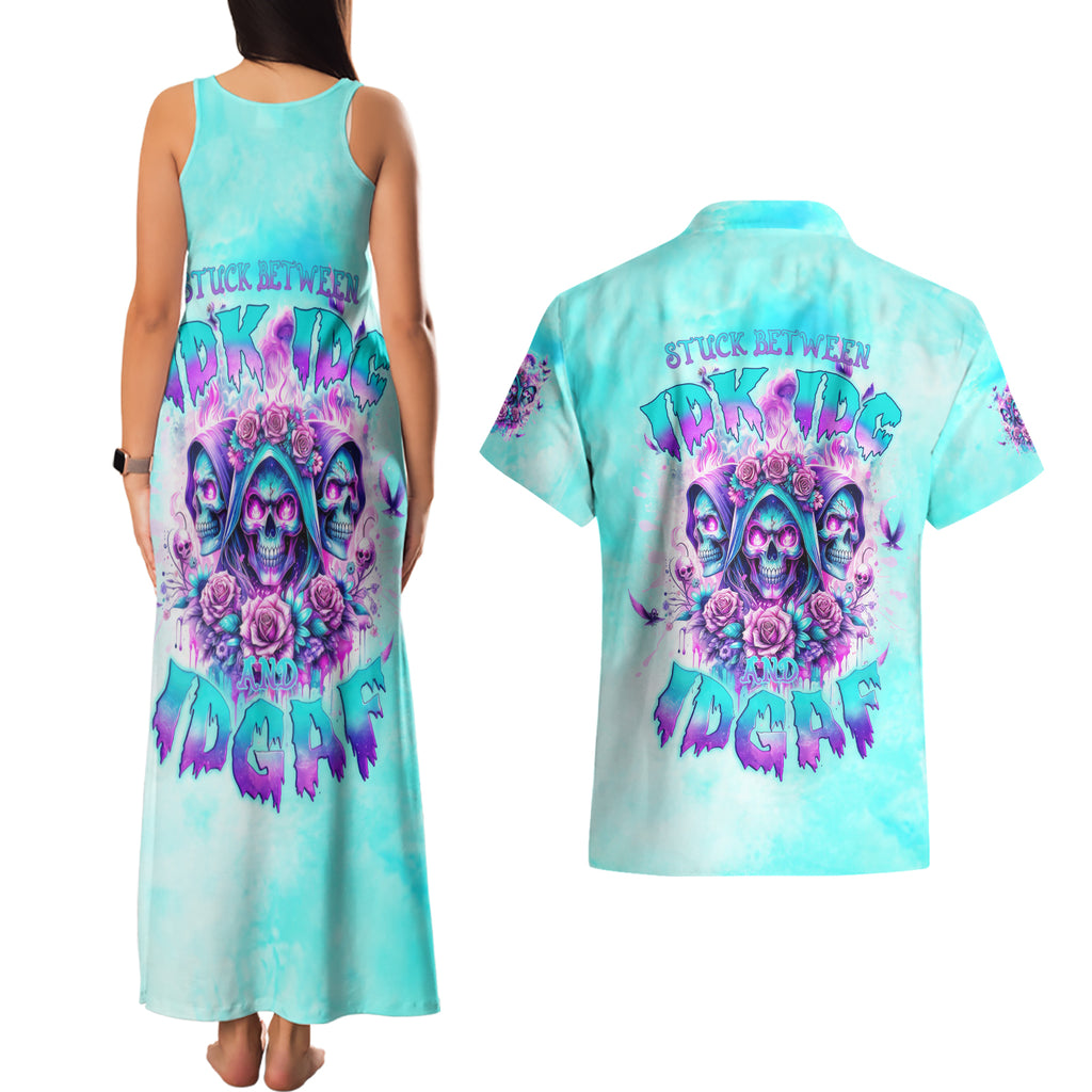 Flower Skull Angel Couples Matching Tank Maxi Dress and Hawaiian Shirt Stuck Between IDK IDC and IDGAF