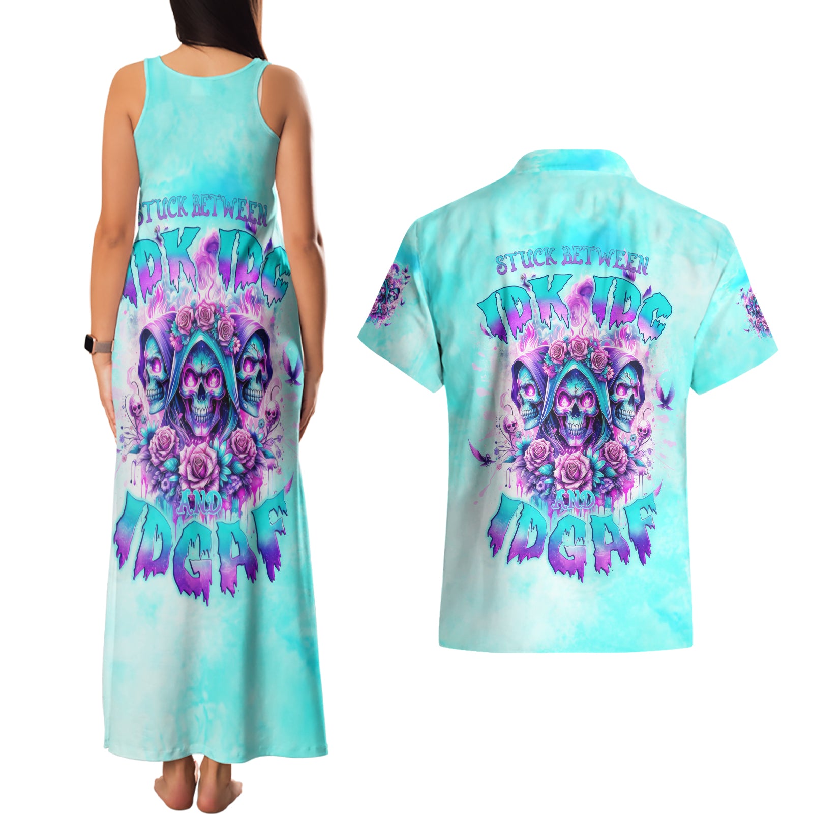Flower Skull Angel Couples Matching Tank Maxi Dress and Hawaiian Shirt Stuck Between IDK IDC and IDGAF