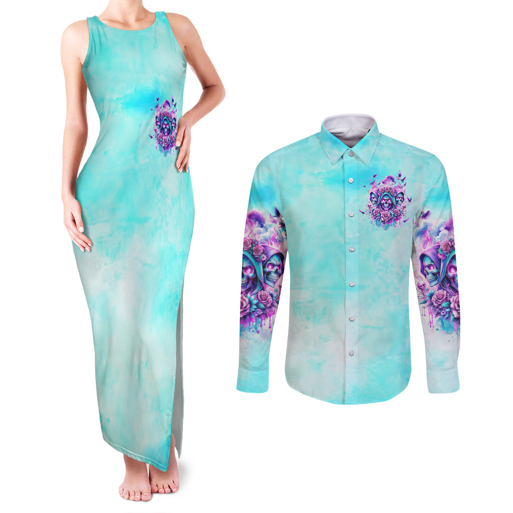Flower Skull Angel Couples Matching Tank Maxi Dress and Long Sleeve Button Shirt Stuck Between IDK IDC and IDGAF