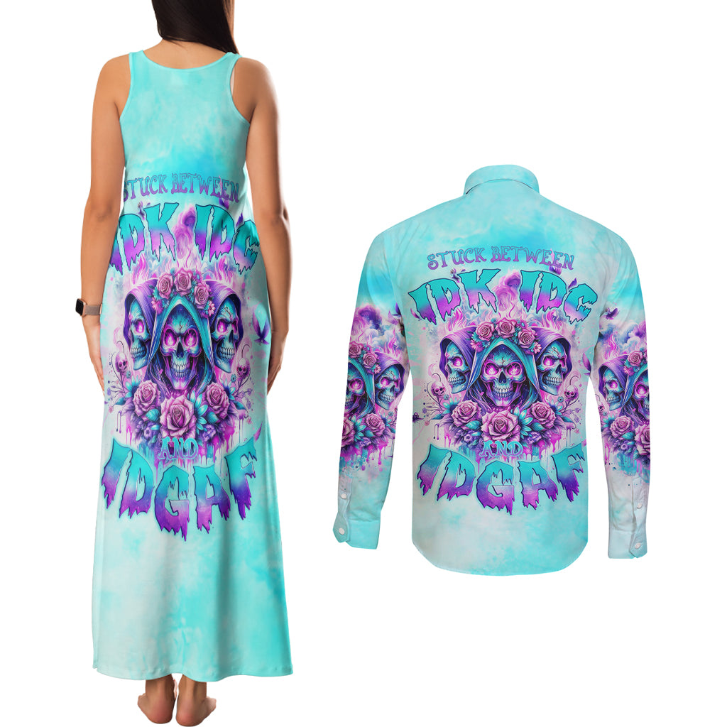 Flower Skull Angel Couples Matching Tank Maxi Dress and Long Sleeve Button Shirt Stuck Between IDK IDC and IDGAF