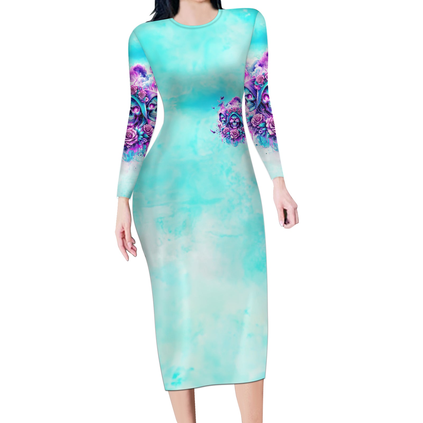 Flower Skull Angel Long Sleeve Bodycon Dress Stuck Between IDK IDC and IDGAF