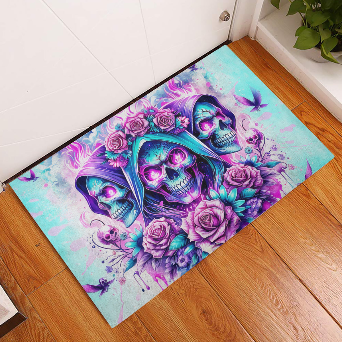 Flower Skull Angel Rubber Doormat Stuck Between IDK IDC and IDGAF