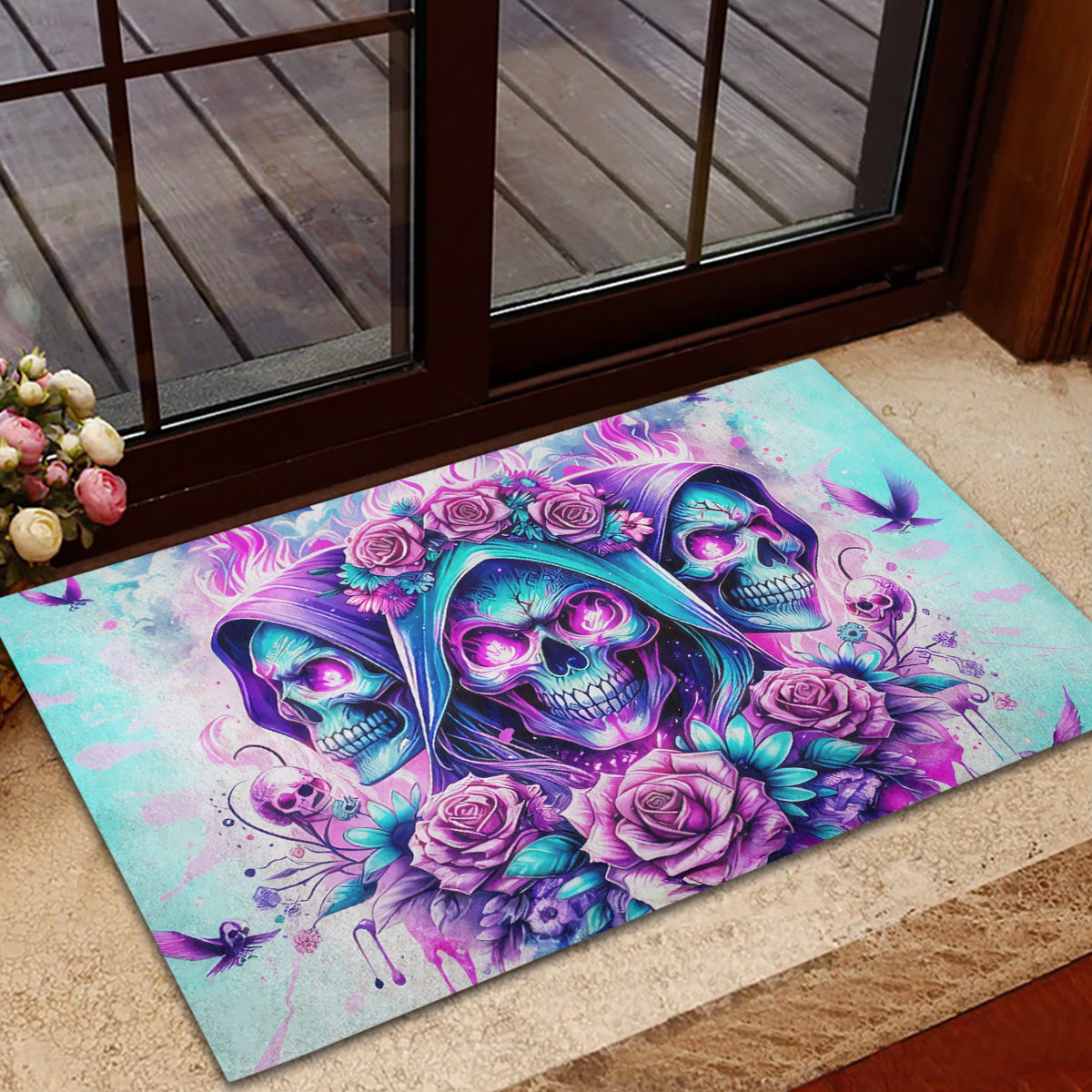 Flower Skull Angel Rubber Doormat Stuck Between IDK IDC and IDGAF