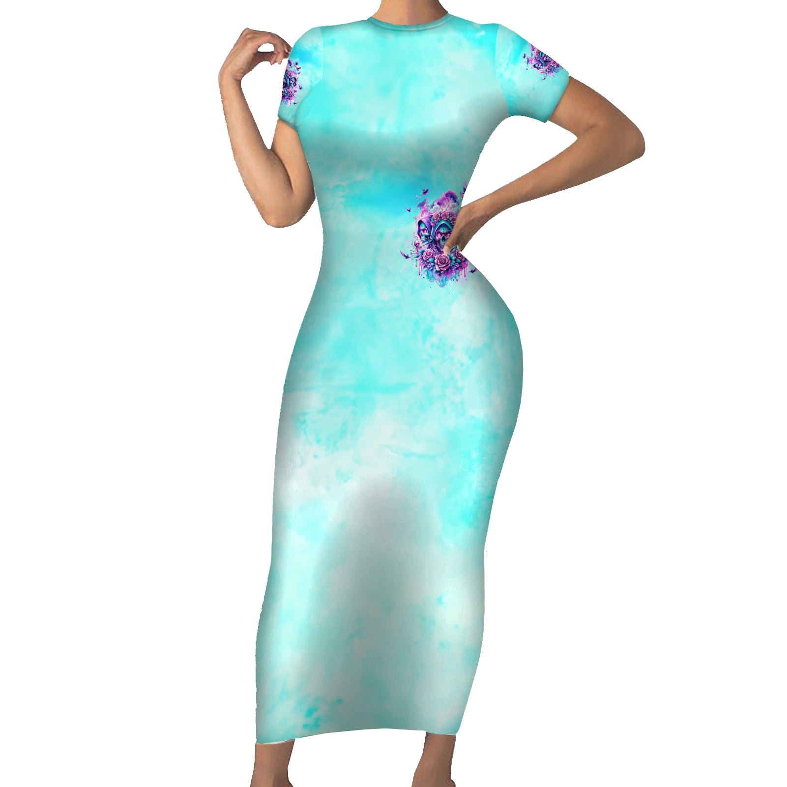Flower Skull Angel Short Sleeve Bodycon Dress Stuck Between IDK IDC and IDGAF