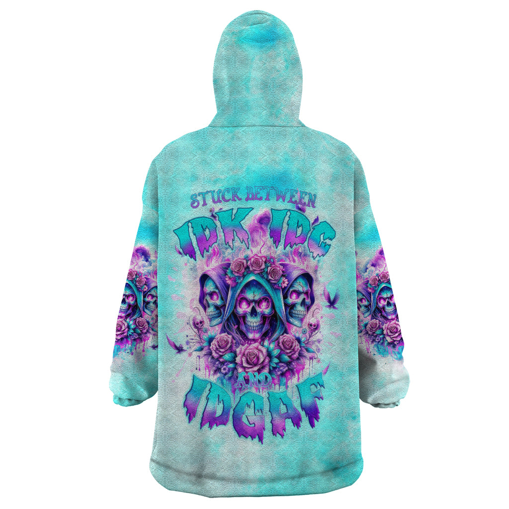 Flower Skull Angel Wearable Blanket Hoodie Stuck Between IDK IDC and IDGAF