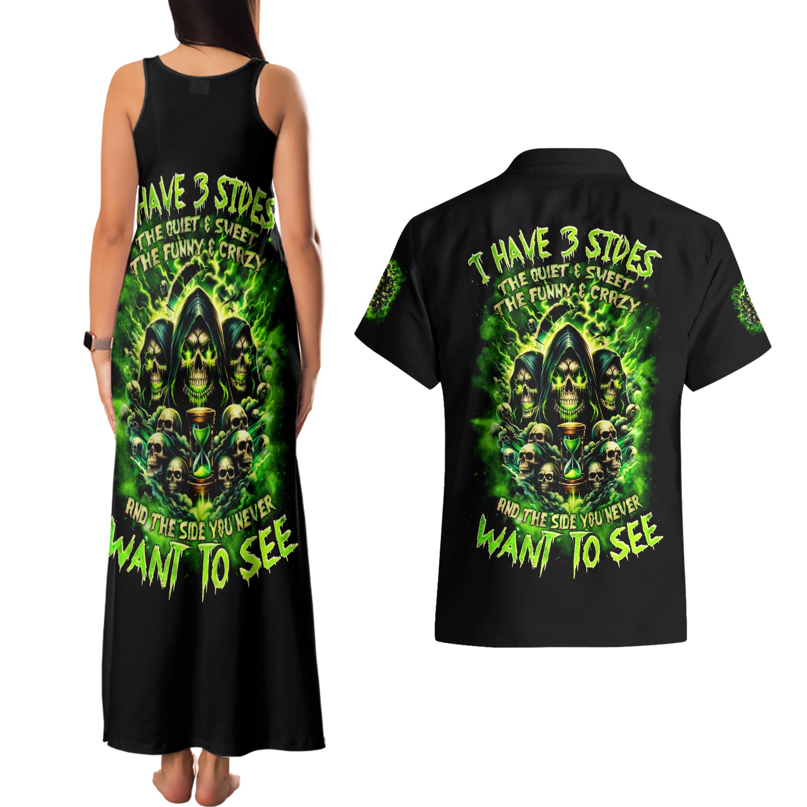 Flame Skull Couples Matching Tank Maxi Dress and Hawaiian Shirt I Have 3 Sides Quite Sweet Funny Crazy