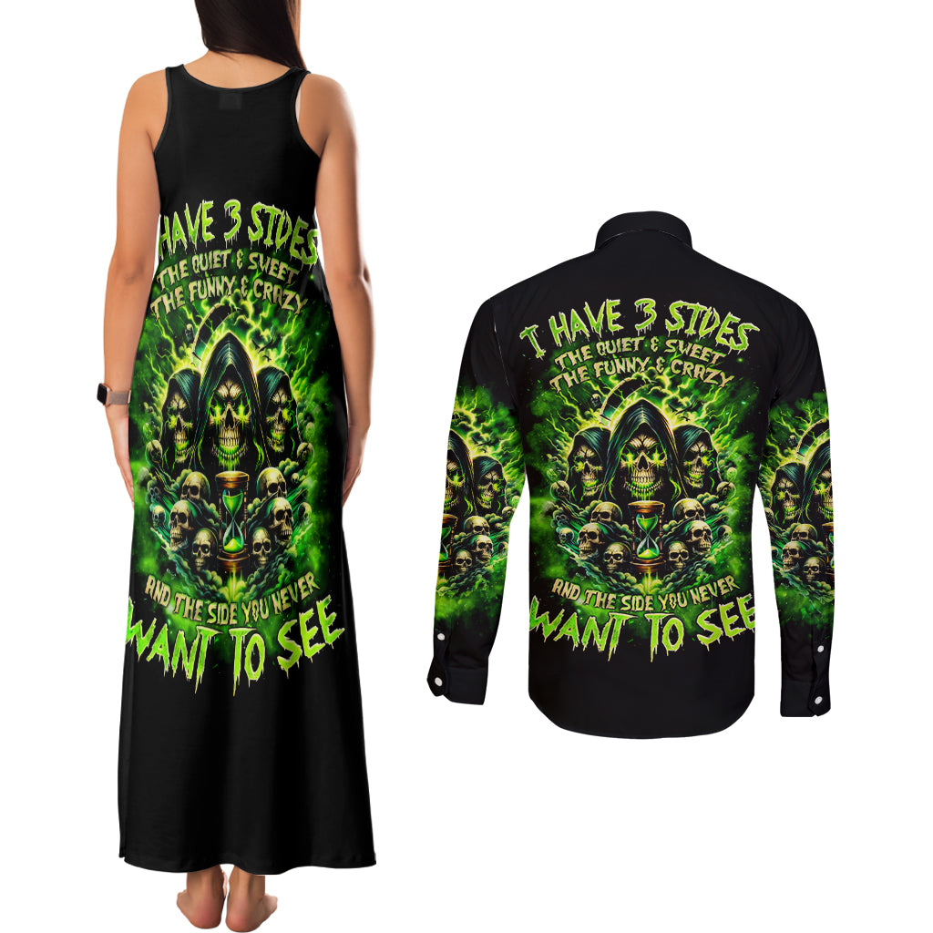 Flame Skull Couples Matching Tank Maxi Dress and Long Sleeve Button Shirt I Have 3 Sides Quite Sweet Funny Crazy