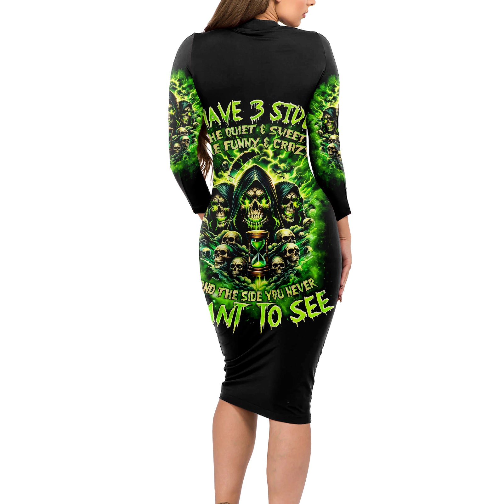 Flame Skull Long Sleeve Bodycon Dress I Have 3 Sides Quite Sweet Funny Crazy