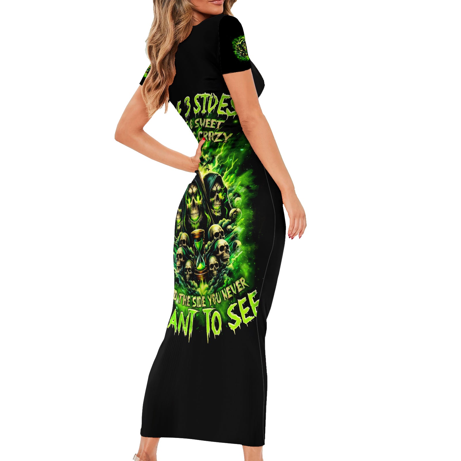 Flame Skull Short Sleeve Bodycon Dress I Have 3 Sides Quite Sweet Funny Crazy