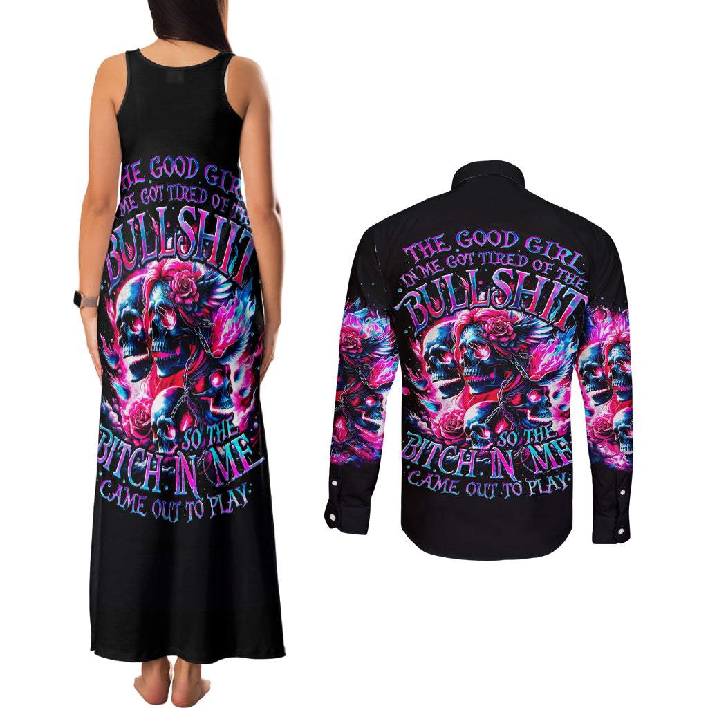 Flame Skull Couples Matching Tank Maxi Dress and Long Sleeve Button Shirt The Good Girl In Me Got Tired Of The Bullshit