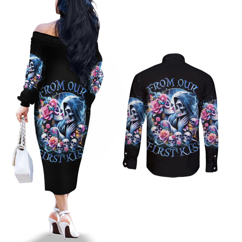 Couple Skull Couples Matching Off The Shoulder Long Sleeve Dress and Long Sleeve Button Shirt From Our Firse Kiss