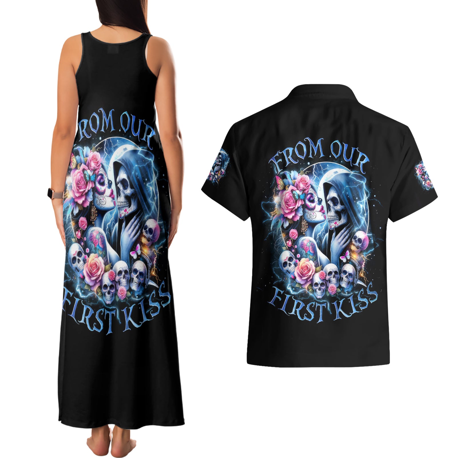 Couple Skull Couples Matching Tank Maxi Dress and Hawaiian Shirt From Our Firse Kiss