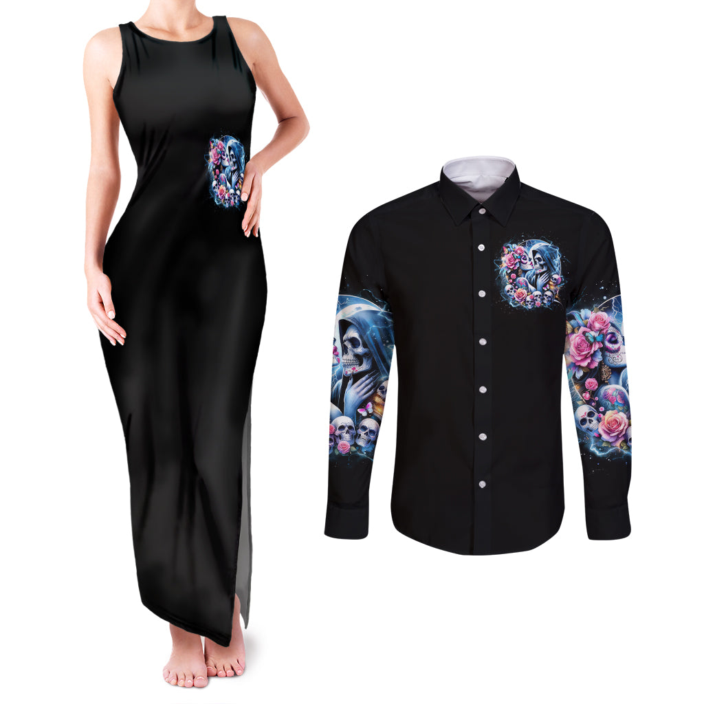 Couple Skull Couples Matching Tank Maxi Dress and Long Sleeve Button Shirt From Our Firse Kiss