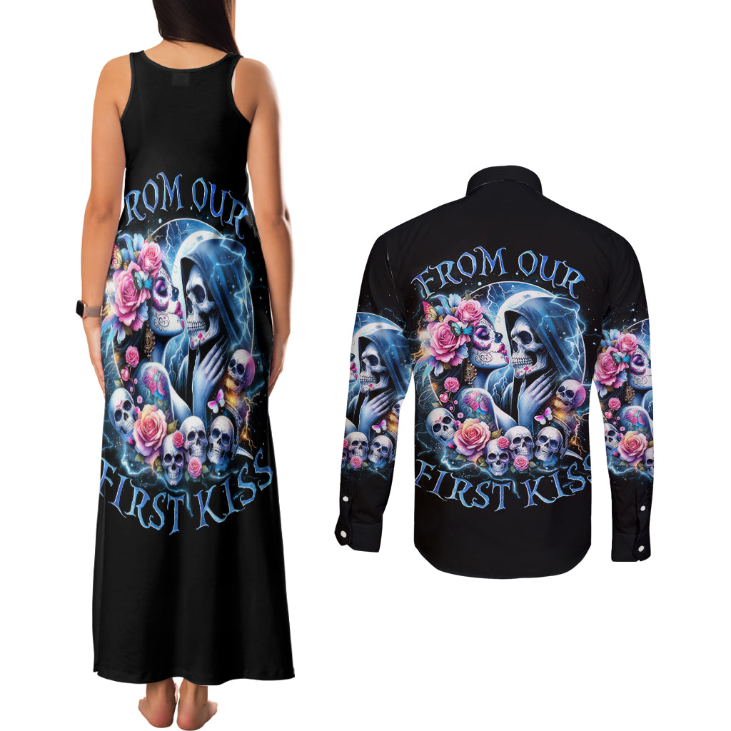 Couple Skull Couples Matching Tank Maxi Dress and Long Sleeve Button Shirt From Our Firse Kiss