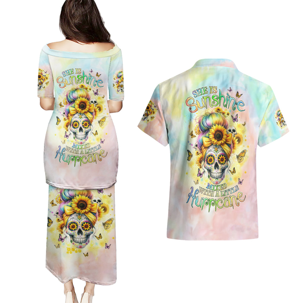 Sunflower Skull Couples Matching Puletasi and Hawaiian Shirt She Is Sunshine Mixed With A Little Hurricane