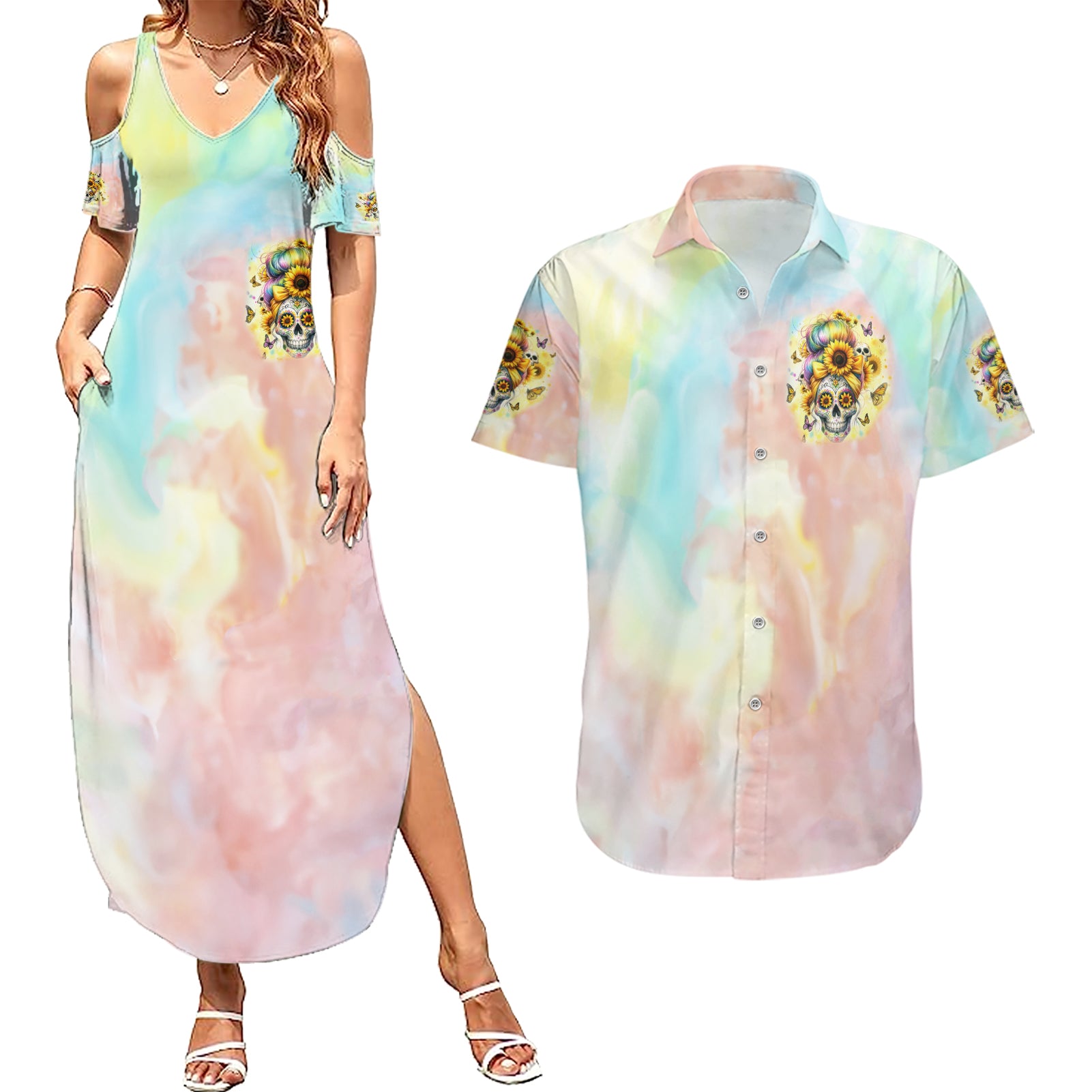 Sunflower Skull Couples Matching Summer Maxi Dress and Hawaiian Shirt She Is Sunshine Mixed With A Little Hurricane