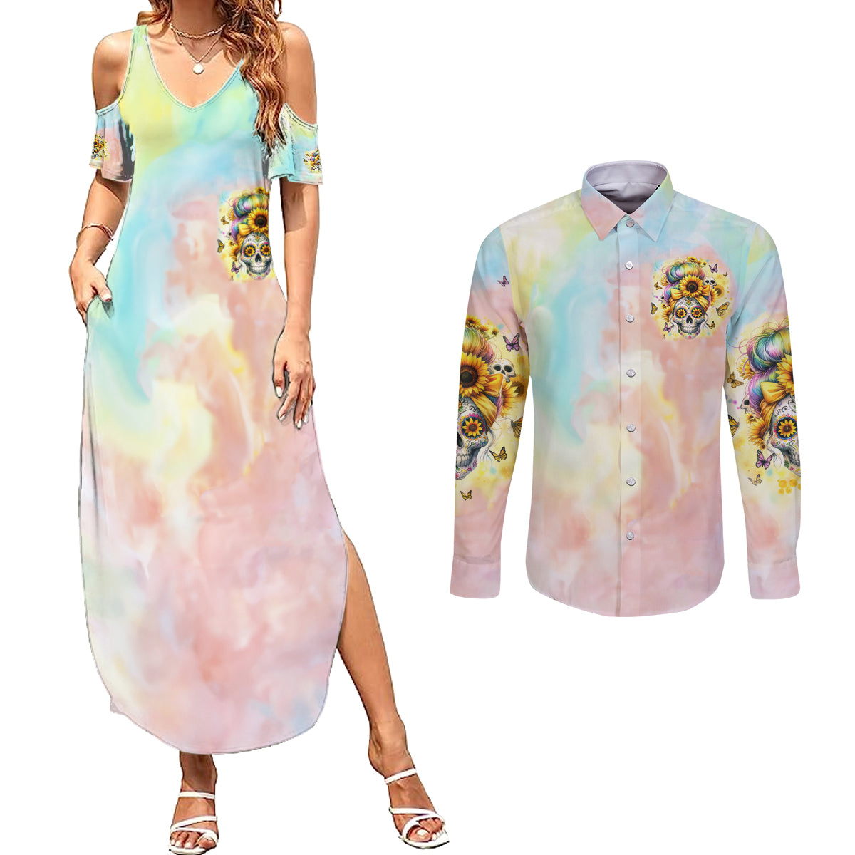 Sunflower Skull Couples Matching Summer Maxi Dress and Long Sleeve Button Shirt She Is Sunshine Mixed With A Little Hurricane
