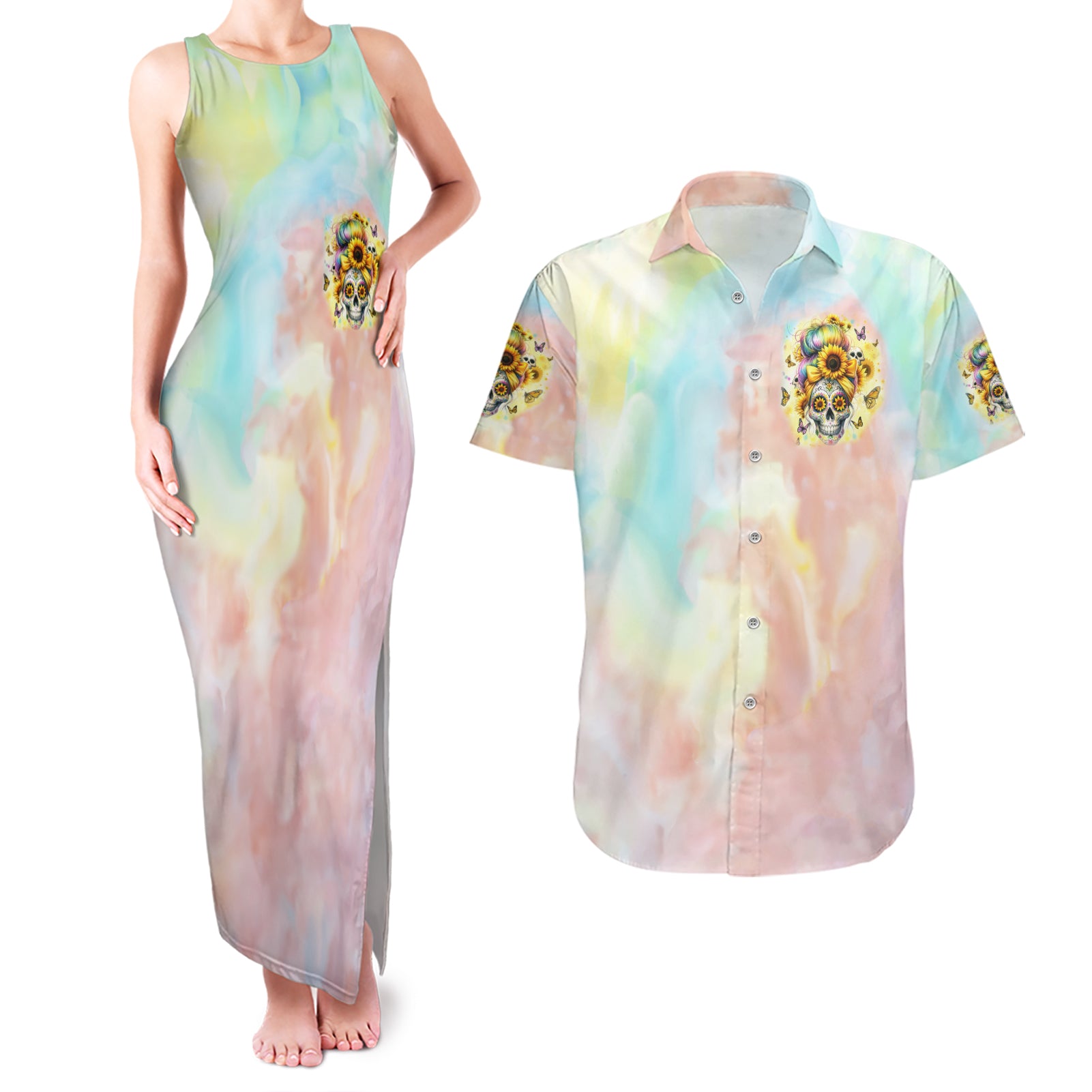 Sunflower Skull Couples Matching Tank Maxi Dress and Hawaiian Shirt She Is Sunshine Mixed With A Little Hurricane