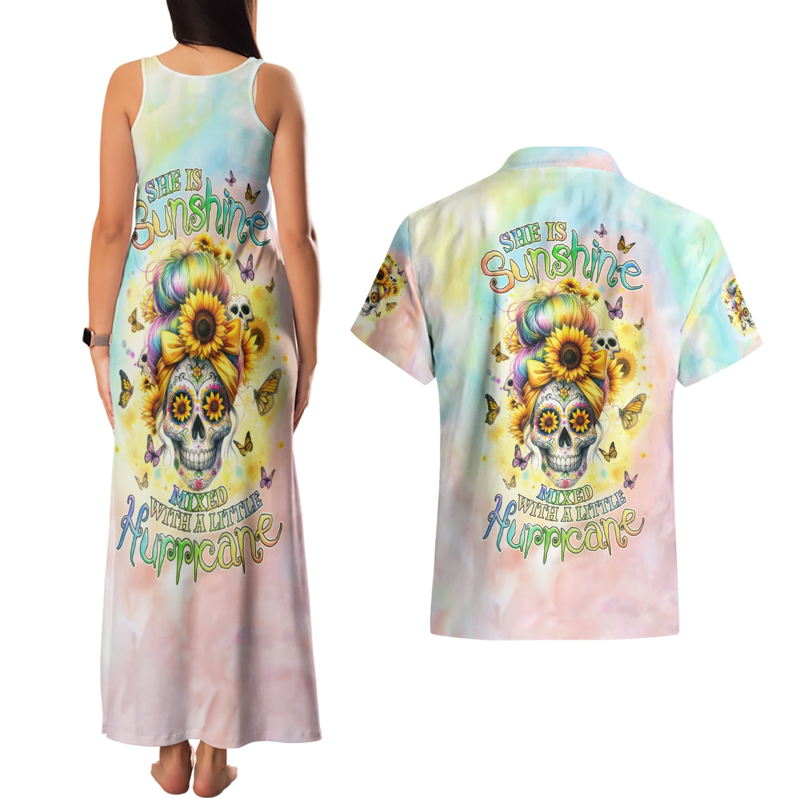 Sunflower Skull Couples Matching Tank Maxi Dress and Hawaiian Shirt She Is Sunshine Mixed With A Little Hurricane
